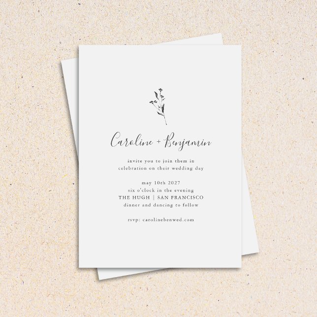 Simple Botanical Script Black White Boho Wedding Invitation (Creator Uploaded)
