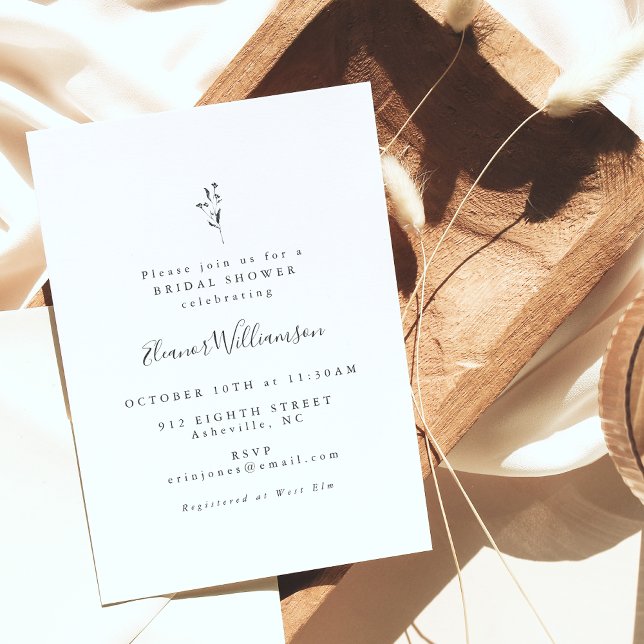 Simple Botanical Script Black White Bridal Shower Invitation (Creator Uploaded)