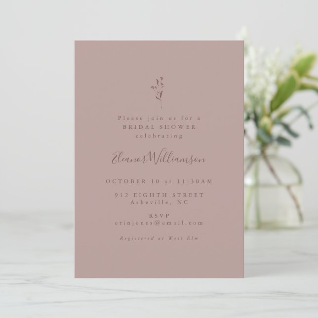 Simple Botanical Script Dusty Mauve Bridal Shower Invitation (Standing Front)