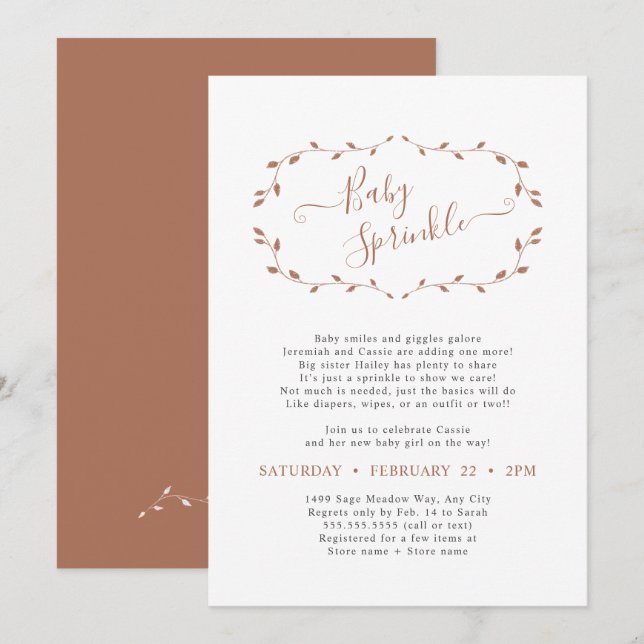 Simple Botanical Terra Cotta Baby Sprinkle Invitation (Front/Back)