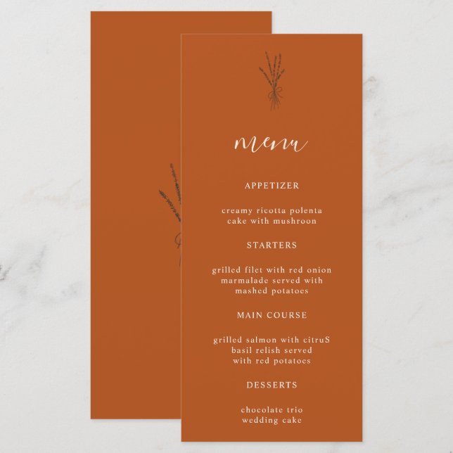 Simple Botanical Terracotta Wedding Dinner Menu (Front/Back)