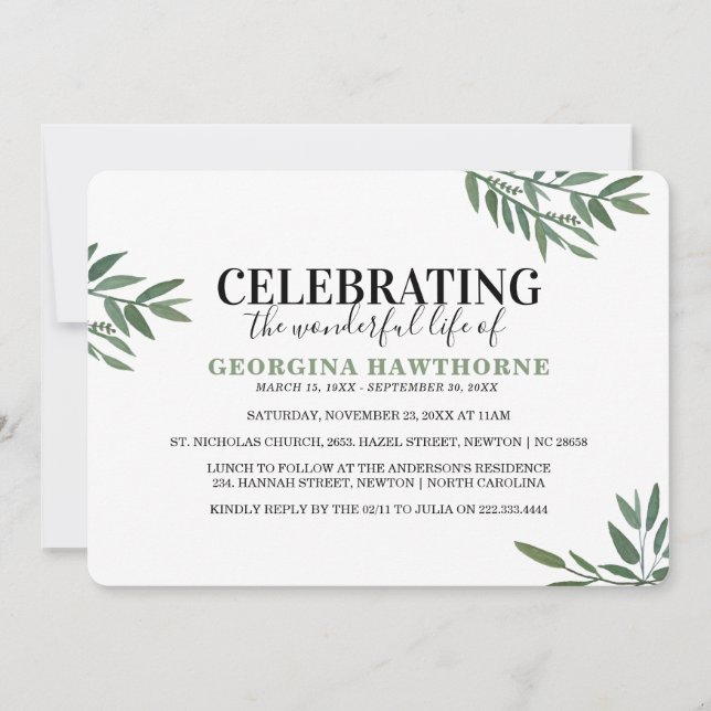 Simple Botanical Watercolor Memorial Invitation (Front)