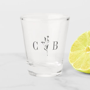 Simple Botanical White Monogram Initial Wedding Shot Glass