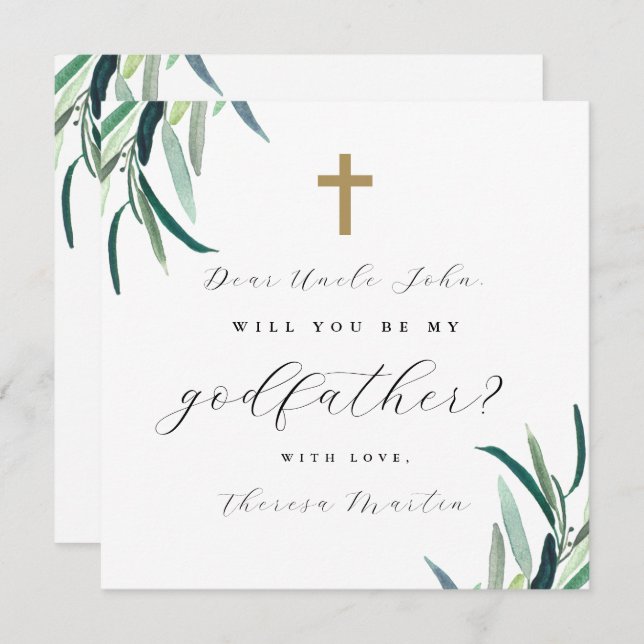 Simple Botanical with Cross Godfather Proposal  Invitation (Front/Back)