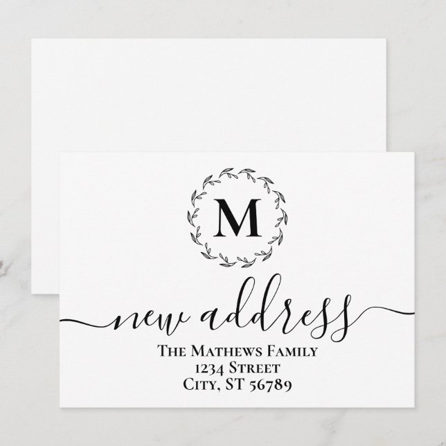 Simple Botanical Wreath Monogram New Address  Announcement (Front/Back)