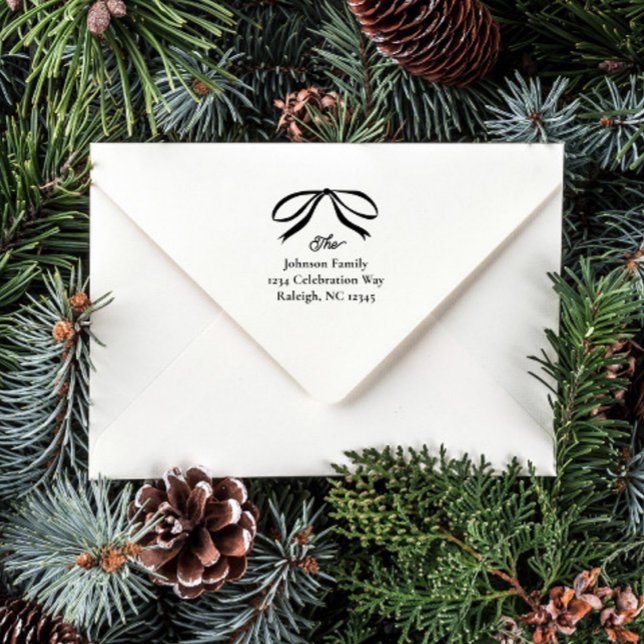 Simple Bow Family Name Return Address Self-inking Stamp (Simple bow Christmas holiday card return address self-inking stamp.)