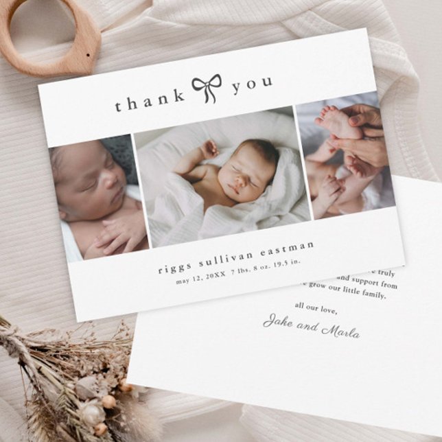 Simple Bow Photo Collage Baby Announcement (Simple hand-drawn bow 3 photo baby announcement thank you cards.)