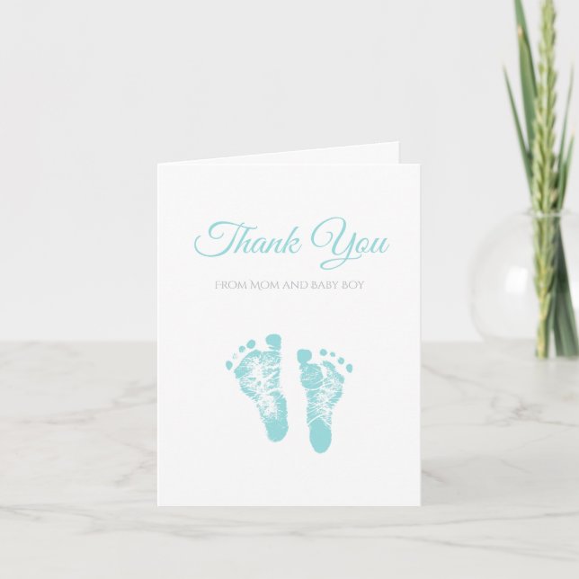 Simple Boy Baby Shower Thank You Blue Footprints Card (Front)