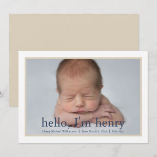 Simple Boy Blue Tan Photo Birth Announcement