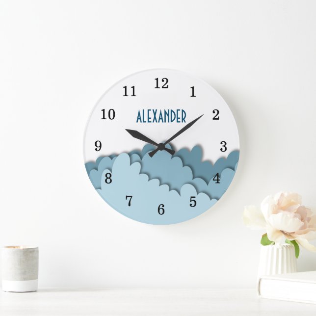 Simple Boys Blue Sky Clouds Nursery Large Clock (Home)