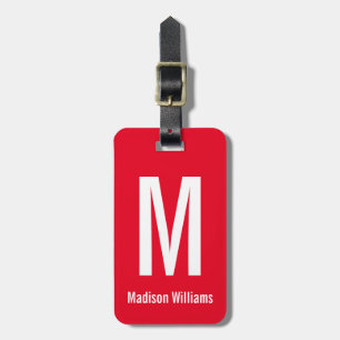 Simple Bright Red and White Name & Monogram Luggage Tag