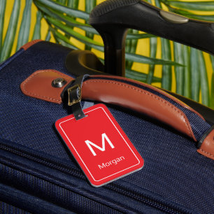 Simple Bright Red White Monogram & Name Template Luggage Tag