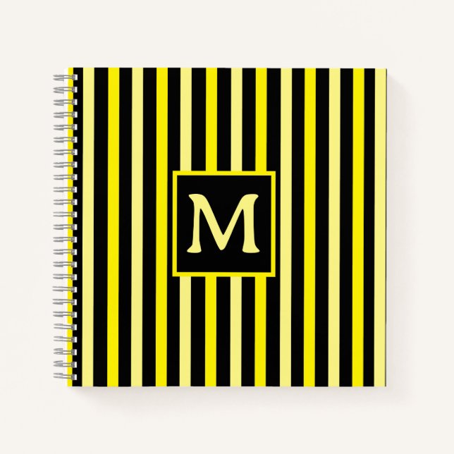 Simple Bright Yellow Striped Initial Notebook (Front)