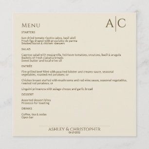 Simple Bronze & Gold Monogram Wedding Reception Menu