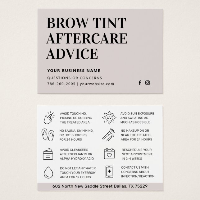Simple Brow Tint Aftercare Instructions Card (Front & Back)