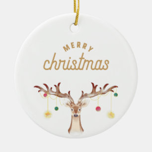 Simple Brown Aesthetic Reindeer Christmas Photo Ceramic Ornament
