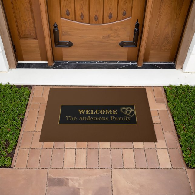 Simple Brown and Gold Heart Welcome Cabin Doormat (Outdoor)
