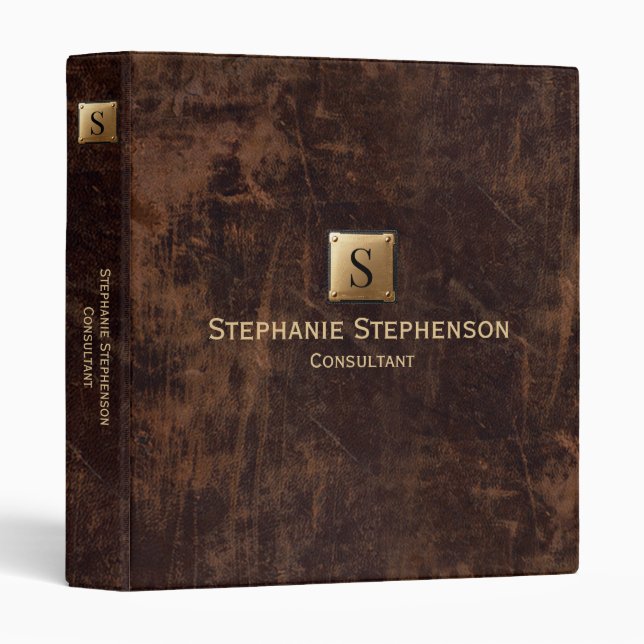 Simple Brown Leather Gold Monogram Professional Binder (Front/Spine)