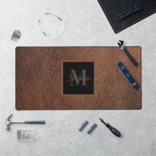 Simple Brown Leather Pattern Monogram Name Desk Mat