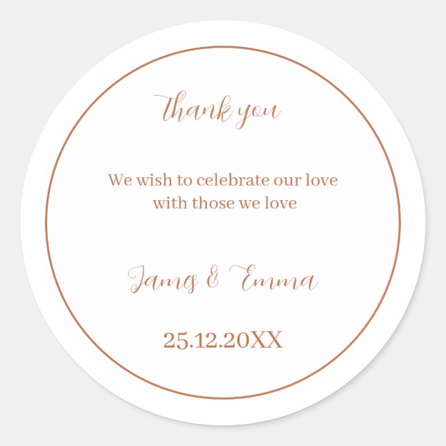 Simple Brown Personalised Wedding Classic Round Sticker (Front)