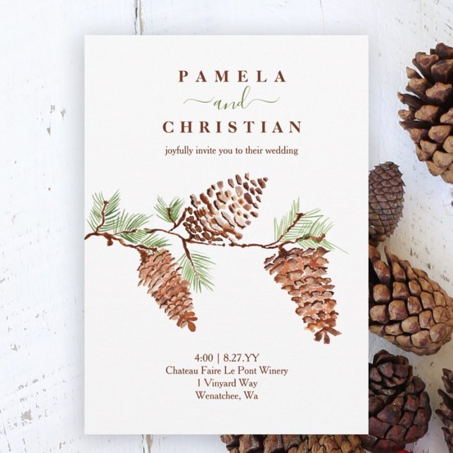 Simple Brown Pinecones, Pine Needles Wedding Invit Invitation (rustic winter wedding invitation watercolor pinecones pine needles winter plants pine tree artwork)