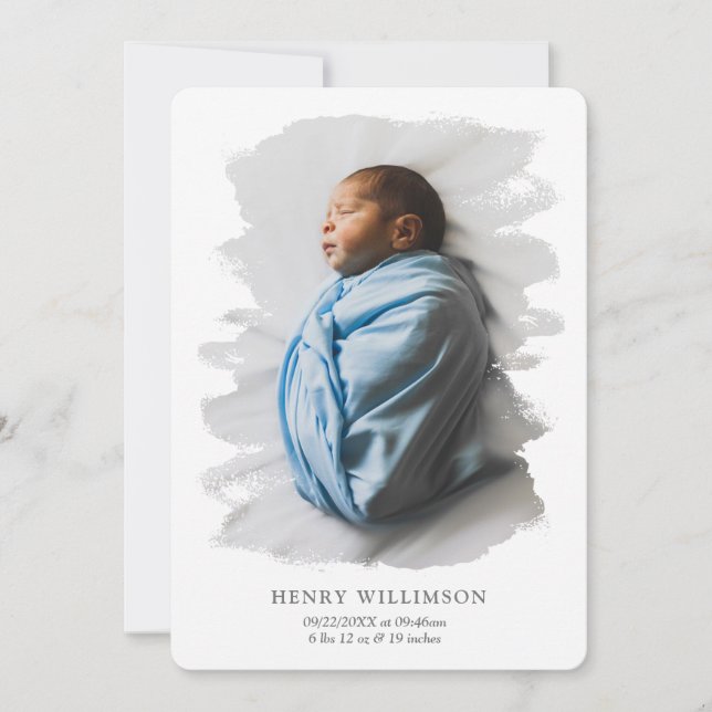 Simple Brush Stroke Photo Birth Announcement (Front)