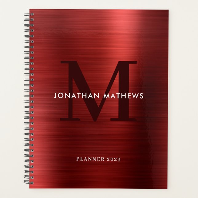 Simple Brushed Metallic Ruby Red Classic Monogram Planner (Front)