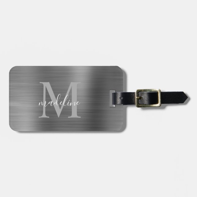 Simple Brushed Metallic Silver Grey Luggage Tag (Front Horizontal)