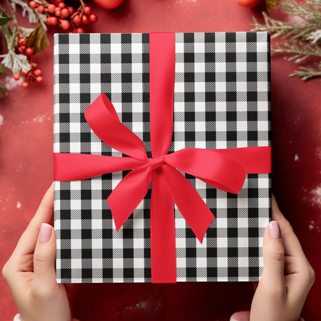 Simple Buffalo Check Pattern White Black Plaid  Wrapping Paper (Black and white buffalo check pattern wrapping paper.)