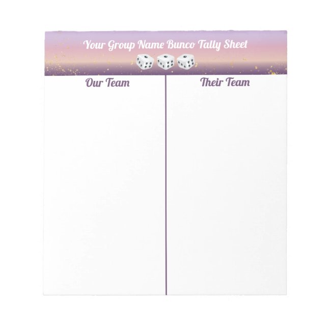 Simple Bunco Dice Table Tally Notepad (Front)