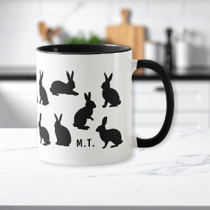 Simple Bunny Pattern In Black With Custom Monogram Mug