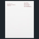 Simple Burgundy and White Professional Lawyer Letterhead<br><div class="desc">Classic business letterhead with a simple design featuring your name and practice on the top left and six lines of text for your contact information on the top right. All text is in a burgundy serif font over a white background. A basic and plain design that still comes across as...</div>