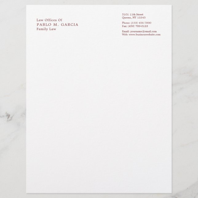 Simple Burgundy and White Professional Lawyer Letterhead (Front)