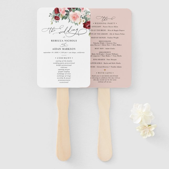 Simple Burgundy Blush Floral Wedding Ceremony Hand Fan (Front and Back)