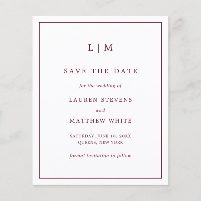 Simple Burgundy Budget Wedding Save the Date (Front)