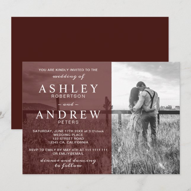 Simple burgundy elegant modern photo wedding invitation (Front/Back)