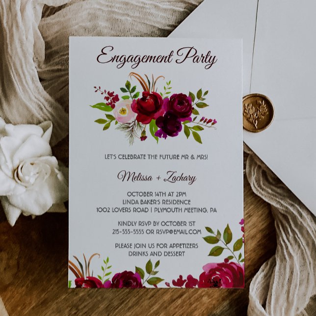 Simple Burgundy Floral Engagement Party Invitation (Creator Uploaded)