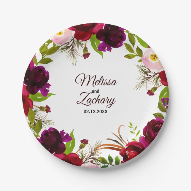 Simple Burgundy Floral Wedding Paper Plate (Front)