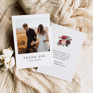 Simple Burgundy Flower Photo Wedding Thank You Card