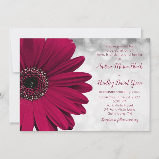 Simple Burgundy Gerbera Daisy Wedding Invitation (Front)