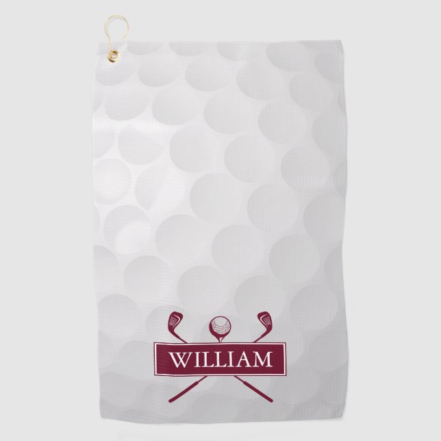 Simple Burgundy Golf Clubs Ball Custom Name Golf Towel (Front)