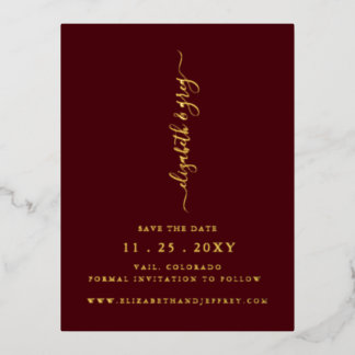 Simple Burgundy handwritten luxe Save The Date Foil Invitation Postcard