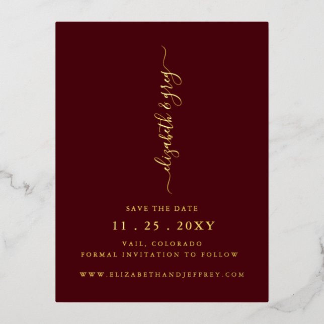 Simple Burgundy handwritten luxe Save The Date  Foil Invitation Postcard (Front)