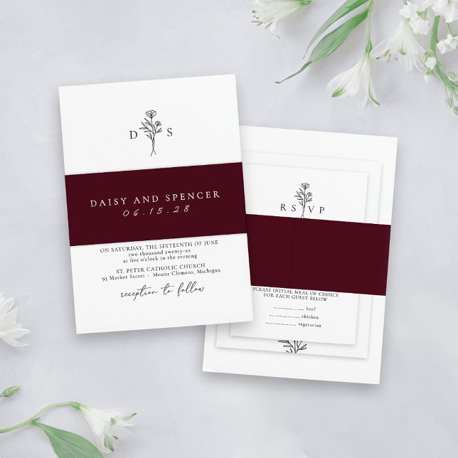 Simple Burgundy Minimalist Names Classic Wedding Invitation Belly Band (Creator Uploaded)