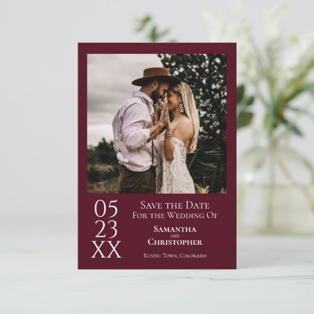 Simple Burgundy Modern Minimalist Photo Wedding Save The Date (Standing Front)