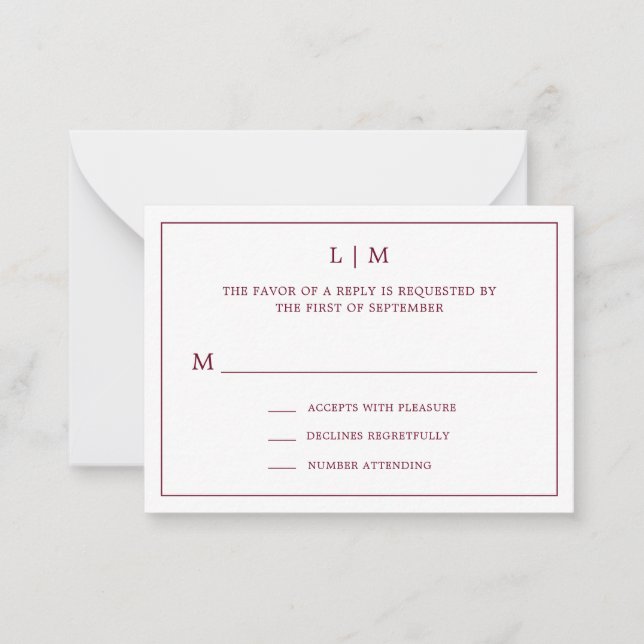 Simple Burgundy Monogram Elegant Mini Wedding RSVP Card (Front)