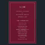 Simple Burgundy Monogram Elegant Wedding Program<br><div class="desc">Simple Wedding Program featuring a modern yet elegant design with your two letter monogram at the top and your details surrounded by a thin border. All text is in white over a burgundy background and may be changed in the design editing tool. The front has your order of ceremony and...</div>