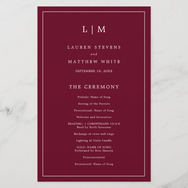 Simple Burgundy Monogram Elegant Wedding Program (Front)