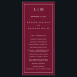 Simple Burgundy Monogram Elegant Wedding Program<br><div class="desc">Modern Wedding Program featuring a simple yet elegant design with a traditional layout. Your two letter monogram is at the top along with your details surrounded by a thin border. All design elements are white over a burgundy background and may be changed in the design editing tool. A minimalist design...</div>