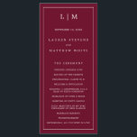 Simple Burgundy Monogram Elegant Wedding Program<br><div class="desc">Modern Wedding Program featuring a simple yet elegant design with a traditional layout. Your two letter monogram is at the top along with your details surrounded by a thin border. All design elements are white over a burgundy background and may be changed in the design editing tool. A minimalist design...</div>